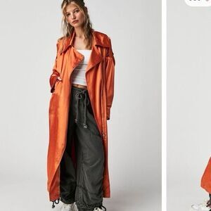Free People Brenda Knight Orange Lux Silk Moto Trench Coat